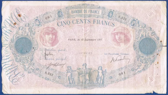 BILLET 500 FRANCS BLEU & ROSE Fay n° 30.23 du 10 septembre 1917 en TB S.512 091