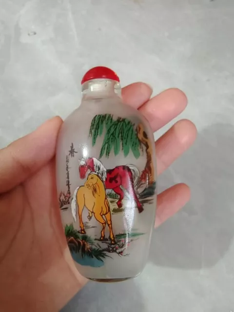 95MM China Inside Painting Glass Animal Horse Willow Tree Snuff Bottle P11
