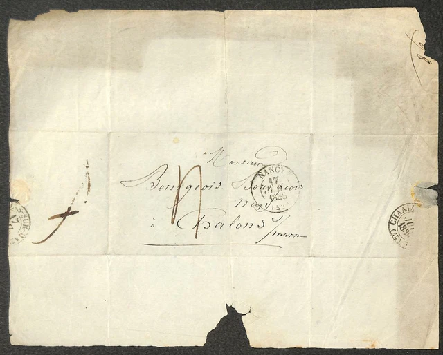 France Nancy To Chalon Sur Marne Stampless Letter Folded Cover 1838