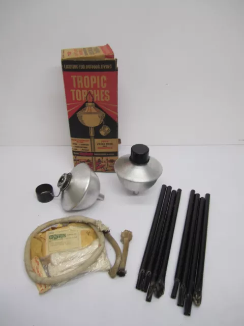 Pair Vtg MCM Patio Products Tropic Tiki Torches Spun Aluminum ~6' Tall W/ Wicks
