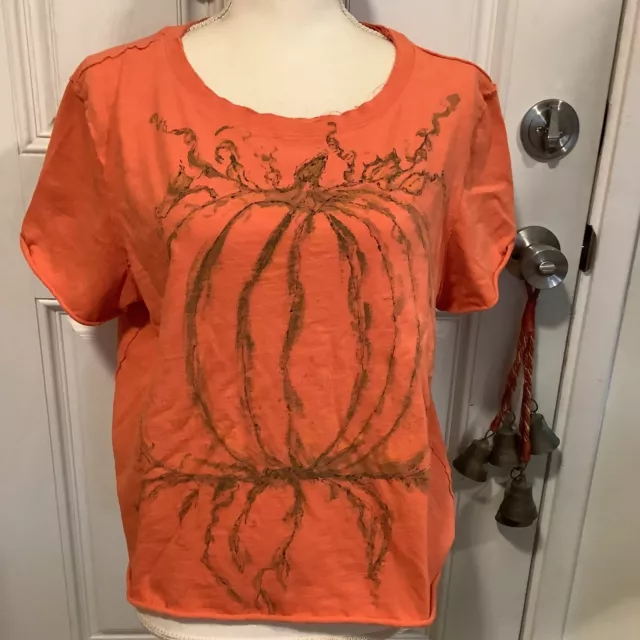 Anthropologie orange pumpkin distressed look cropped boxy t shirt top L Fall