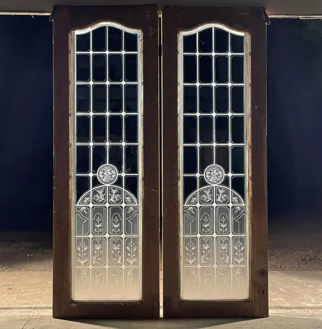 *75" Tall Pair of Antique French Etched Glass Windows Frosted Glass Salvage