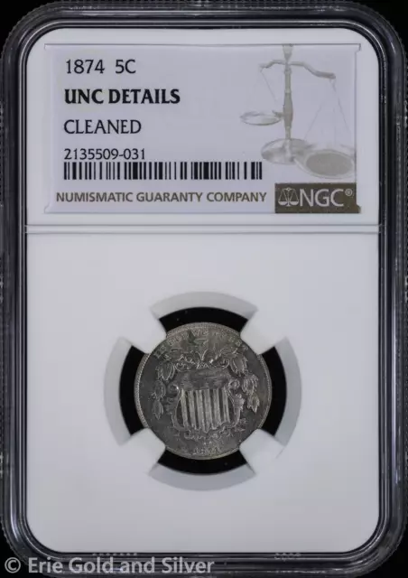 1874 5C Shield Nickel NGC UNC Details