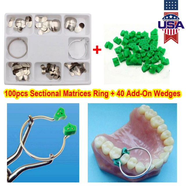 100pcs Dental Sectional Contoured Matrices Matrix Ring Delta & 40 Add-On Wedges
