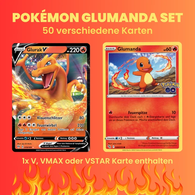 50 Pokemon Karten Set GLUMANDA GARANTIERT 4 Holos + SELTENE GX/V/VMAX - Geschenk