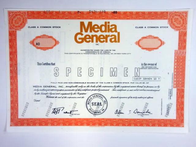 VA. Media General Inc., 1988 Odd Shrs Class A Stock Specimen Certificate, XF