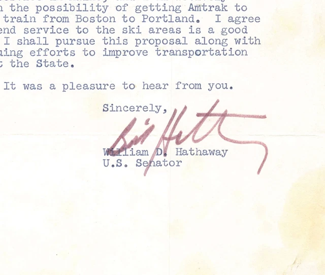 Bill Hathaway Maine Senator Autograph Signed Train to Boston Letter 1974