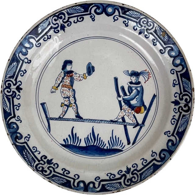 18th Century Dutch Delft Acrobats Plate Hand Painted De Ster Factory Mark 1720