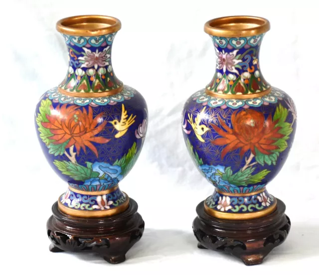 Lovely Pair Of Old Enamel Cloisonne Chinese Vases On Stands Bird & Flowers