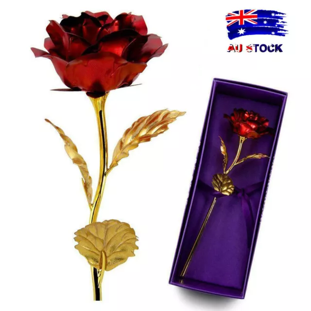 Gold Foil Plated Rose Flower 24K Dipped Decor With Stand Mothers Day Gift Red AU