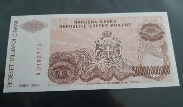 Seltene Banknote Geldschein UNC 50.000.000.000 Dinara Kroatien Srpska Krajina 2