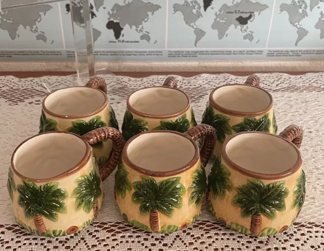Vtg Palm Tress Ceramic Pottery 3D Tree Mugs Set 6 Sign KMC Egg Nog Punch 3