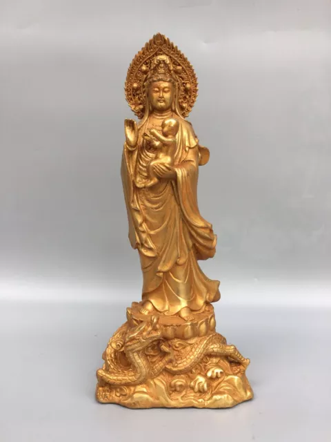 12'' Chinese bronze Gilt tongzi boy Kwan-Yin GuanYin Goddess tara Buddha statue