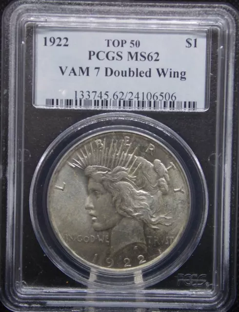 1922 P Peace Silver Dollar VAM-7 Doubled Wing $1 PCGS MS62 Top 50 Unc #595