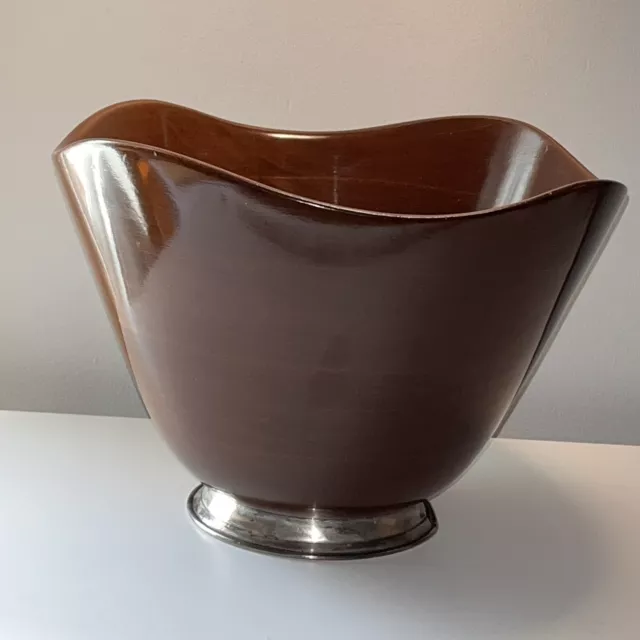 Mid Century Modern Turned Mahogany Wood Salad Bowl BENT Sterling Silver Base