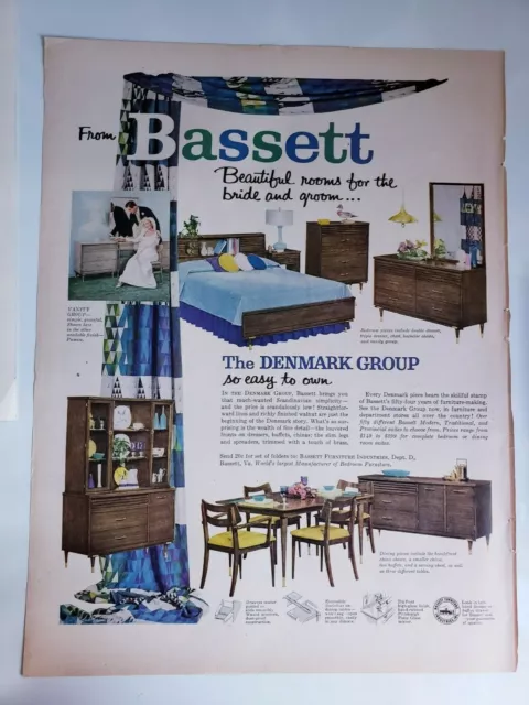 2 Vintage 1957 Bassett Furniture Print Ad Ephemera Art Decor Denmark Group