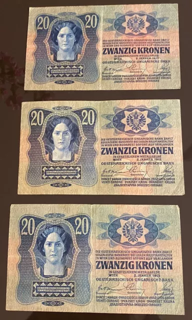 Austria, 20 Kronen, 1913, VF/XF, 1913, p13, (Total 3 banknotes)