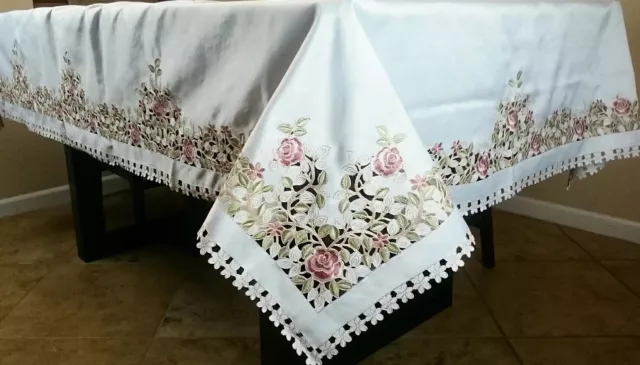 72x126 Embroidery Floral Pink Green Rose Cutwork Tablecloth Napkin Elegant Linen