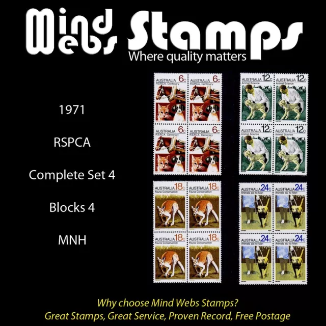 Australian Decimal Stamps, 1971 RSPCA, Complete Set 4, Blocks of 4, MNH