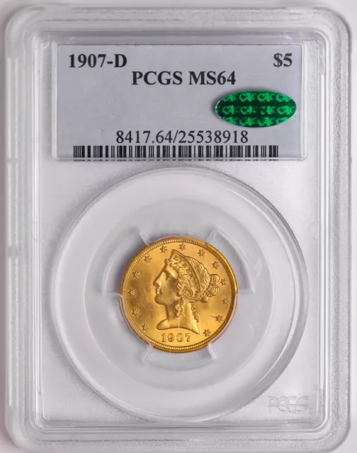 1907-D $5 Five Dollar Gold Liberty Head Liberty Half Eagle Coin PCGS MS-64 CAC