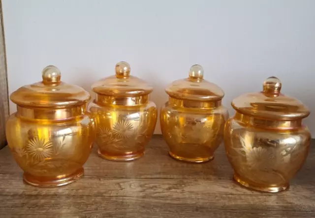4 Vintage Carnival Glass Peach Iridescent Jars With Lids Etched Floral Pattern