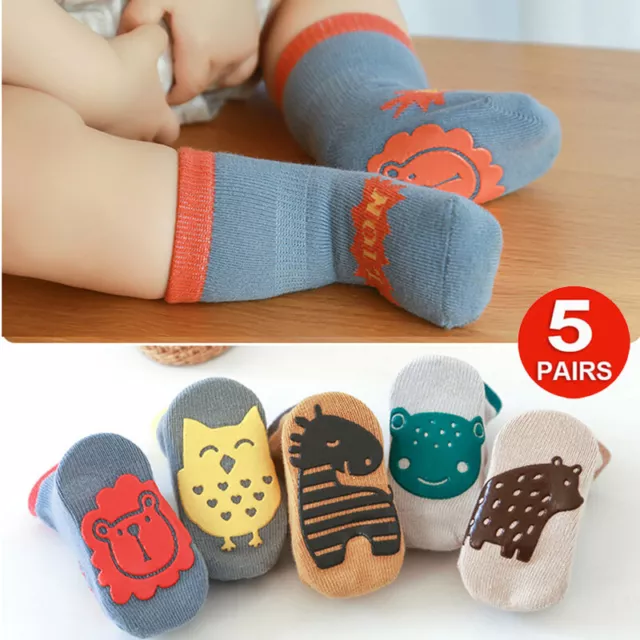 5Pairs Cartoon Animals Baby Boys Girls Cotton Socks Anti Slip Skid Toddler Kids