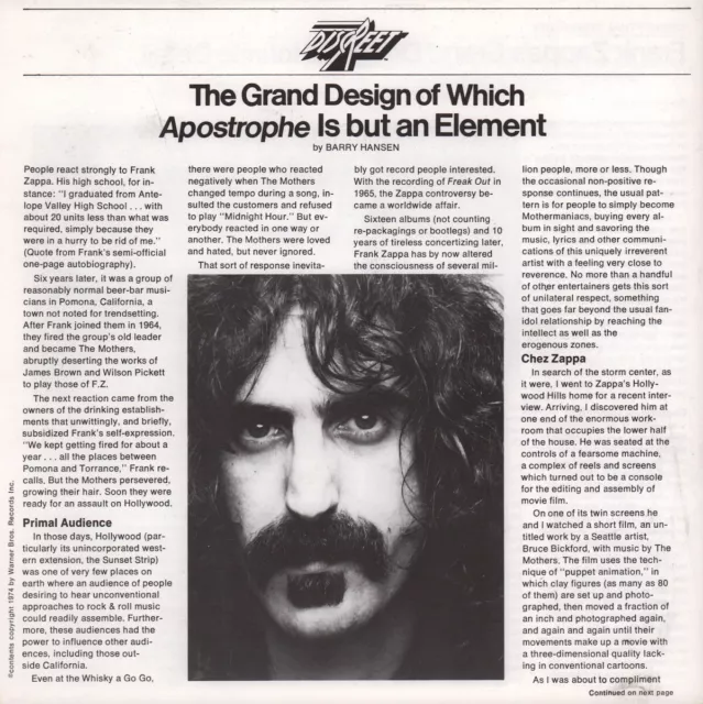 Frank Zappa 1974 Orginal Discreet Records Apostrophe Promo Booklet / Nmt 2 Mint