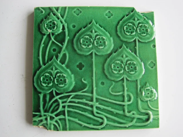 Antique 6" Moulded Majolica Art Nouveau Dark Green Tile - Pointed Flowers