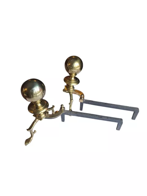 Antique Cannonball Andirons, Pair Of Brass Andirons, Fireplace Decor