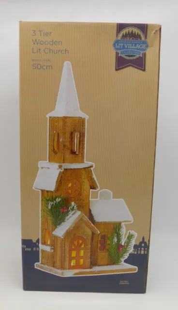 Wooden Christmas Village Church Light Up Decoration Ornament Scene Xmas - 50 CM