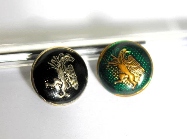 RARE 2 ANCIEN BOUTON EMAILLÉ VERT + METAL DORÉ & NOIR + ARGENTÉ - GRIFFON D:20mm
