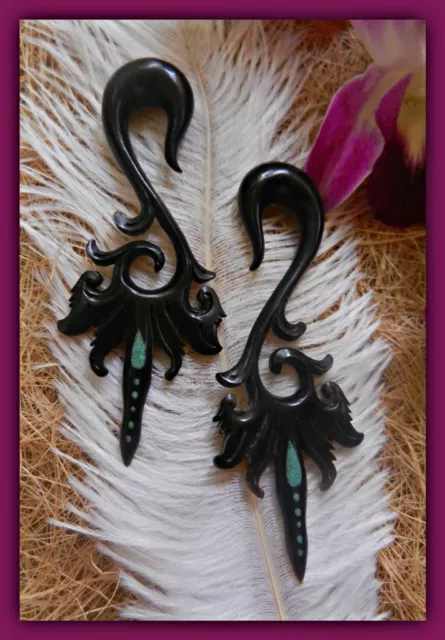 Tribal Ear Gauge Pair Piercing Horn Wood Bone Hook Organic Stretcher Turquoise