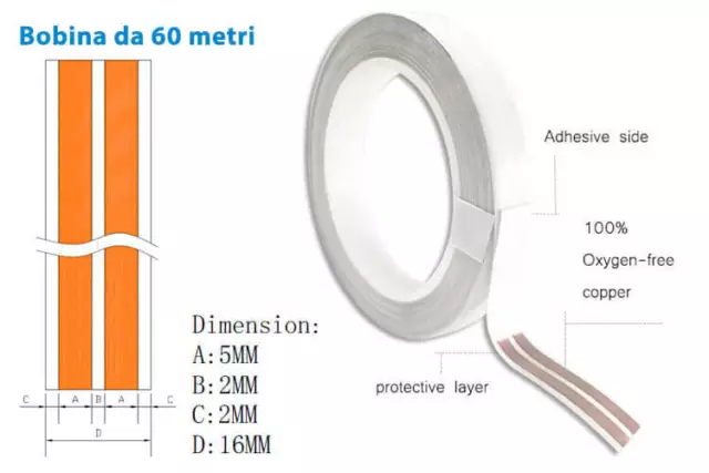 Cavo Filo Nastro Elettrico Super Slim Rotolo Piatto Con Biadesivo 2 Conduttori 0