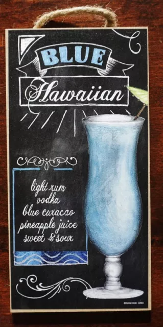 Blue Hawaiian Recipe Tiki Beach Bar Sign Tropical Drink Coastal Kitchen Decor