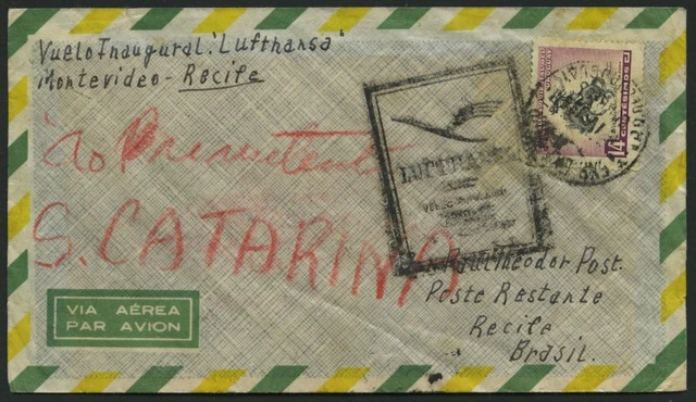 URUGUAY 785 BRIEF, 16.4.1957, LH-Flug Montevideo-Recife, Prachtbrief, R!