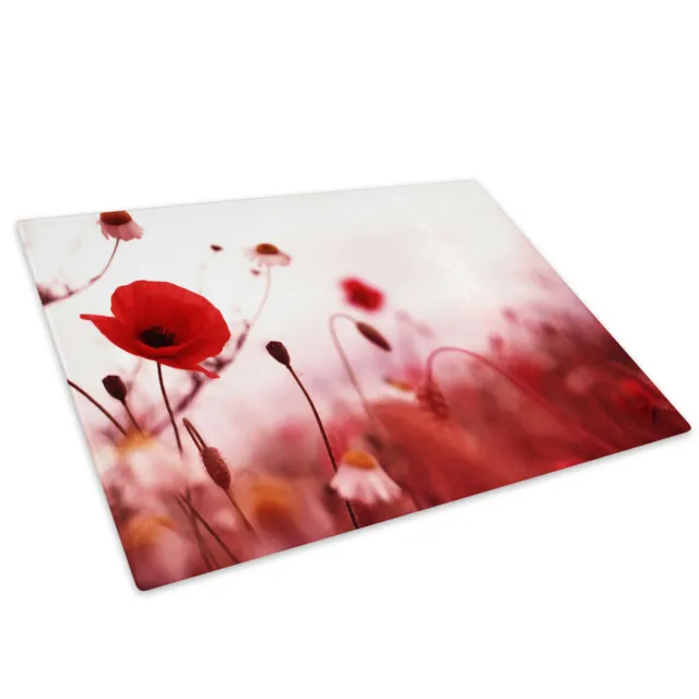Red White Poppy Flower Cool Glass Chopping Board Kitchen Worktop Saver Protector