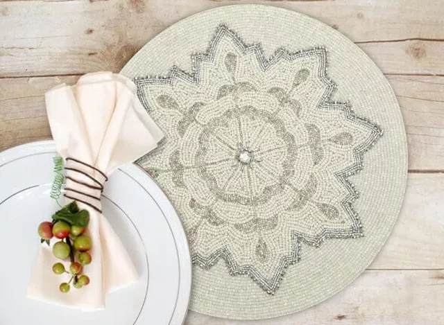 NEW Beaded Placemat 2 Pack Snowflakes Round Hand Beaded Charger Placemat Holiday