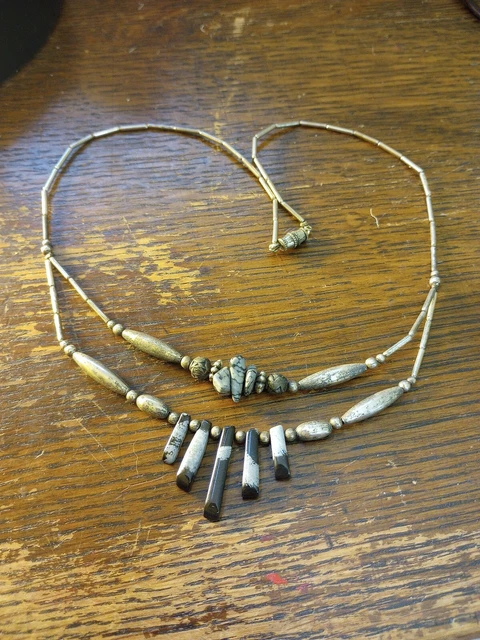 Vtg Native Tribal Spike Necklace 2 Strand Sterling Rose Beads Snowflake Obsidian