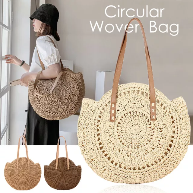 Women Boho Woven Handbag Beach Tote Straw Bag Round Rattan Shoulder Bags Summer
