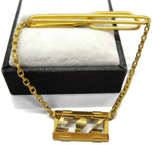 2" "EZ" Initial Swank Gold Tone Vintage Neck Tie Bar with Chain