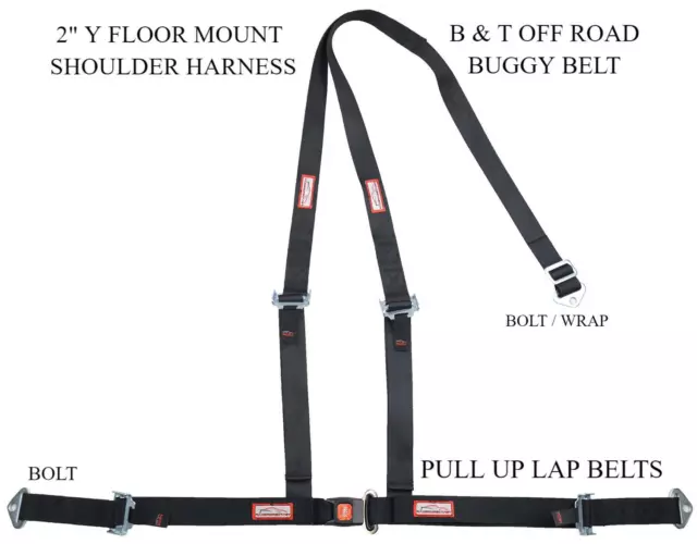 Buggy Off Road  2" Seat Belt 3 Point B & T Y Harness  All Bolt Harness Black