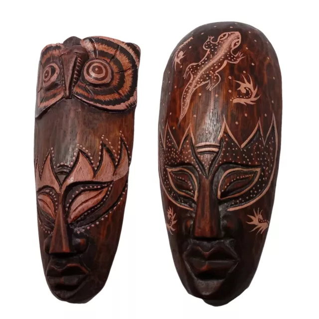 Gecko Owl African Wood Mask Tribal Hanger Folk Art Set 8 inch Carvede Wall Decor