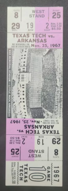 11/25/1967 Texas Tech vs. Arkansas Football -- FULL TICKET