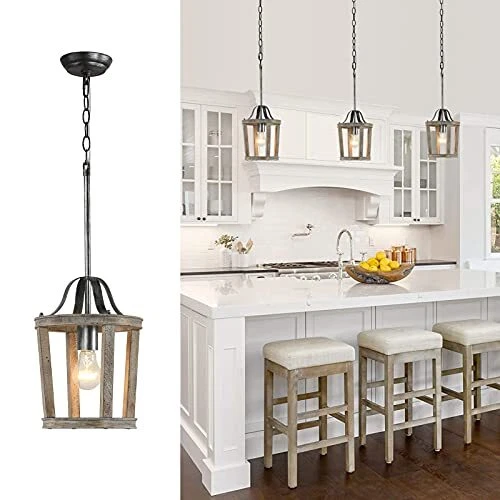 CFAGHOMEDESIGN Small Wooden Chandelier1-Light Farmhouse Chandelier Hanging Li...