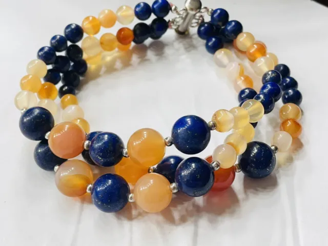 Large lapis lazuli and carnelian beads necklace with silver clasp never worn