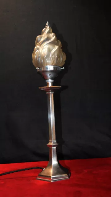 Rare Vintage 1920 French Art Deco silver plated lamp hand-made torch flame shade