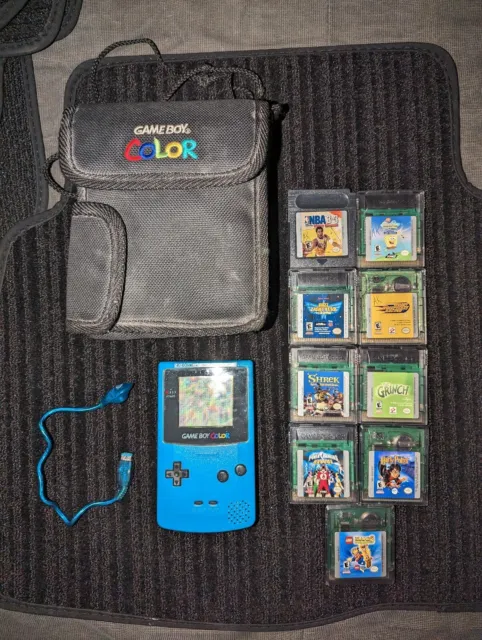 Nintendo GameBoy Color Teal Blue Lot Bundle + 9 Games & Travel Case TESTED
