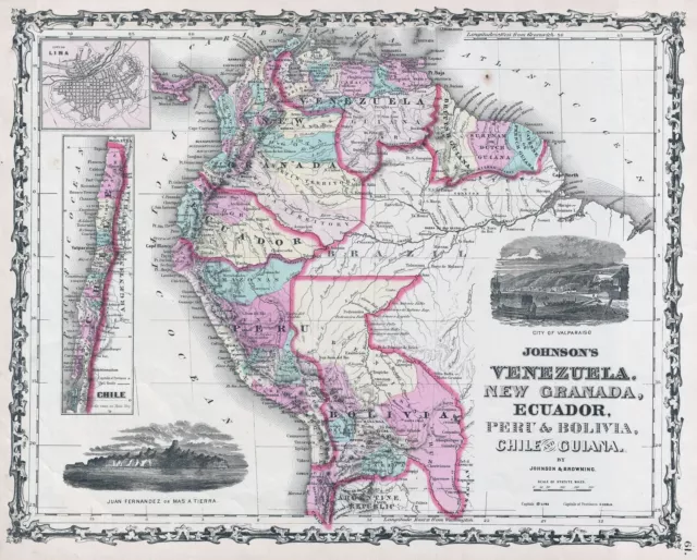 1861 Johnson Map of Venezuela, Colombia, Ecuador, Peru, Bolivia, Chile, Guiana