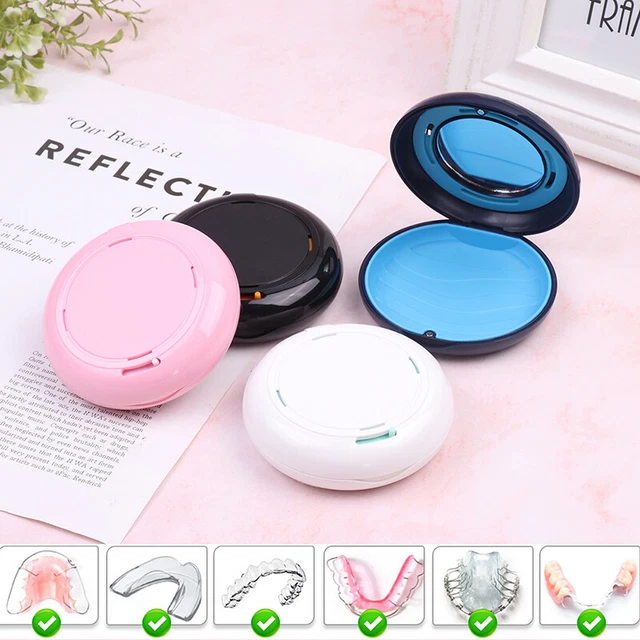 MURRI&MURRDI Retainer Case, Denture Bath Box With Strainer Basket, Mouth Guard Case, Braces Cleaner Cup, Cute Denture Holder Nightguard Storage Soak Container For Travel Cleaning (C Purple