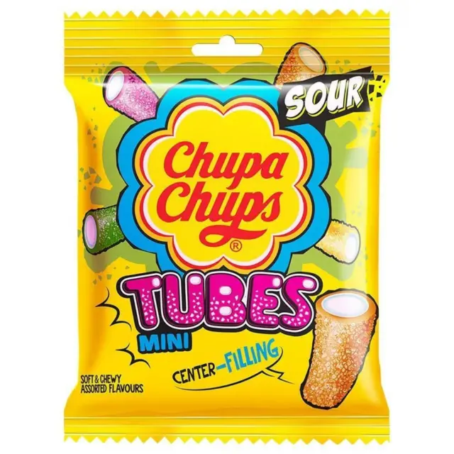 2X Chupa Chups Assorted Center Filling Mini Sour Tubes 61.6 gm